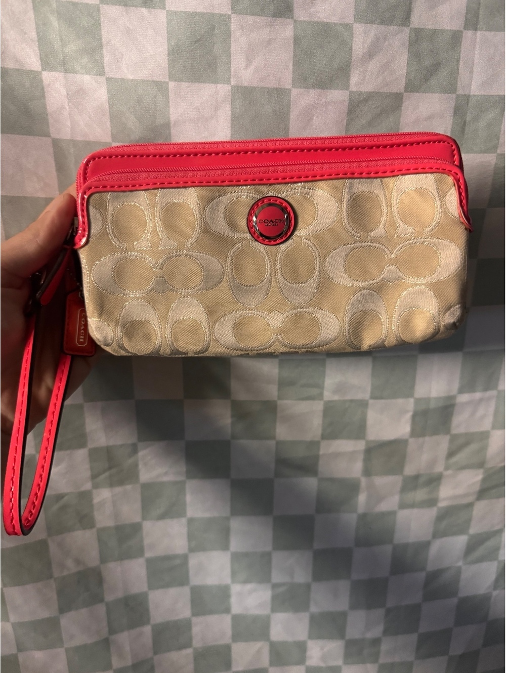 Coach Signature Canvas Wristlet with Pink Leather Trim